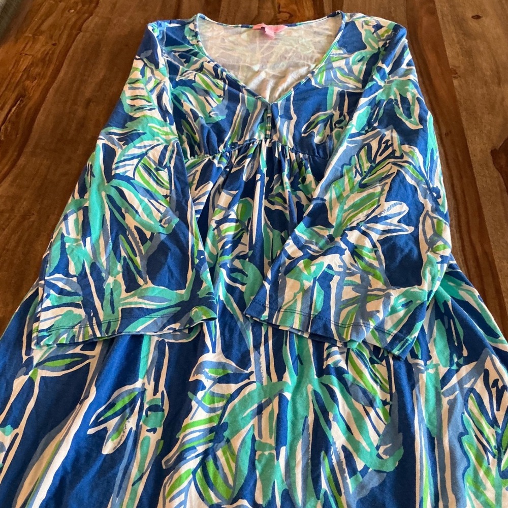 Lilly Pulitzer Renata Tunic Dress L Blue Tropical Palm Print Long Sleeve V Neck - Picture 8 of 9